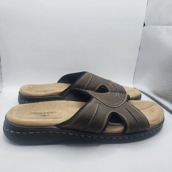 Men's 10 Dockers Sunland Slide Sandal 90-71392 Dark Tan FABRIC-AND-SYNTHETIC GUC - Picture 1 of 8